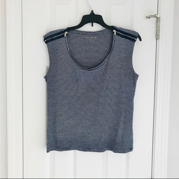 Ann Taylor Striped Blue White Scoop Neck Crop Tank Zipper Shoulder - Picture 3 of 8